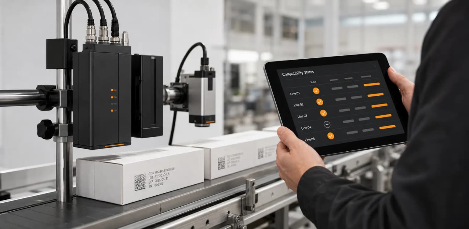 Coding printer and tablet compatibility status interface beside serialized cartons
