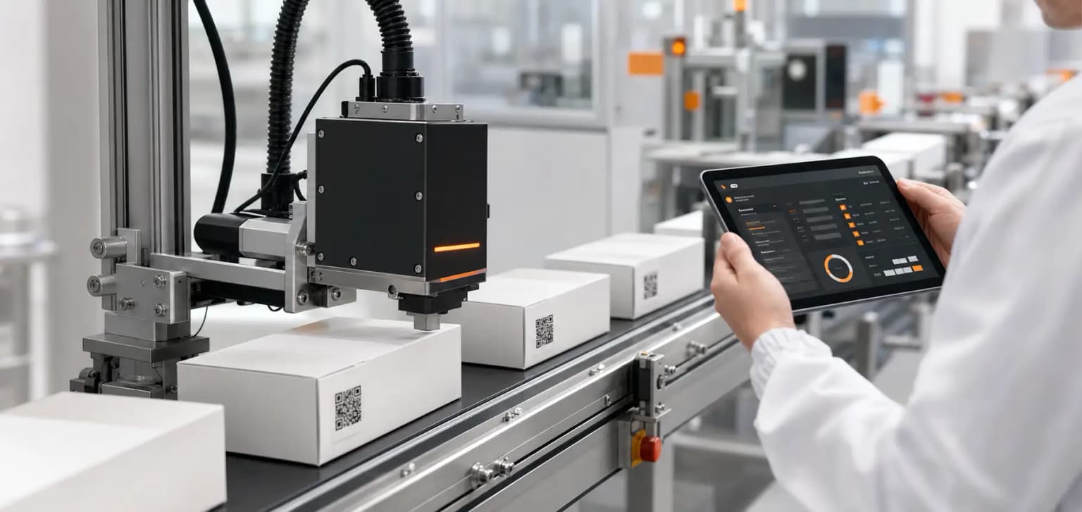 Packaging line with an industrial coder, vision reader and reject station