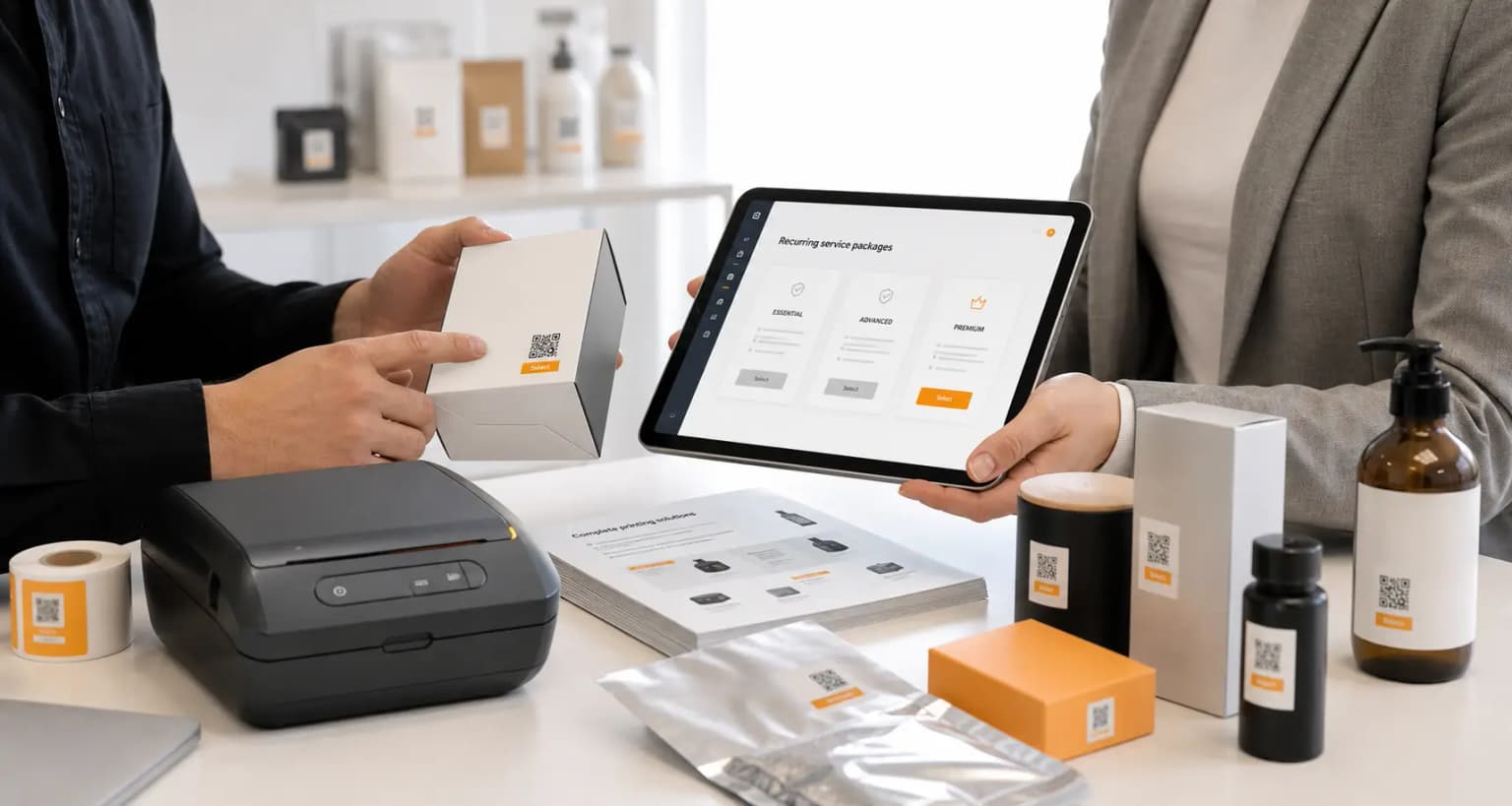 Printer partner enablement scene with coded samples, sales material, and service package tablet
