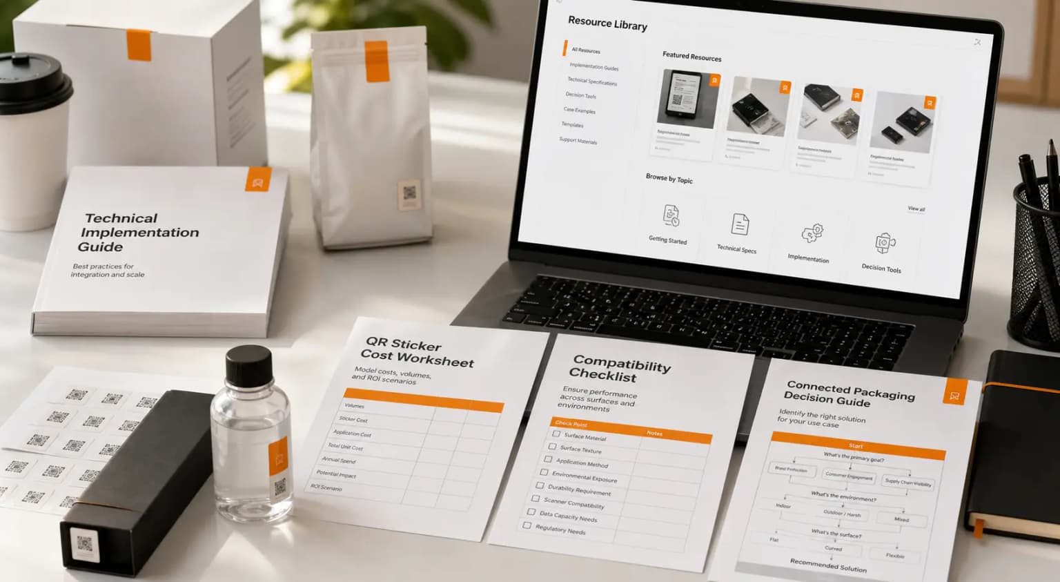 Resource library desk with implementation guides, QR sticker worksheet, compatibility checklist, and coded product samples