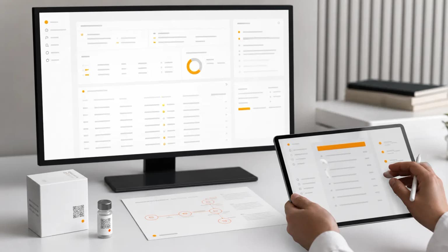 Security governance dashboard, audit trail interface, and coded product packaging on a review desk