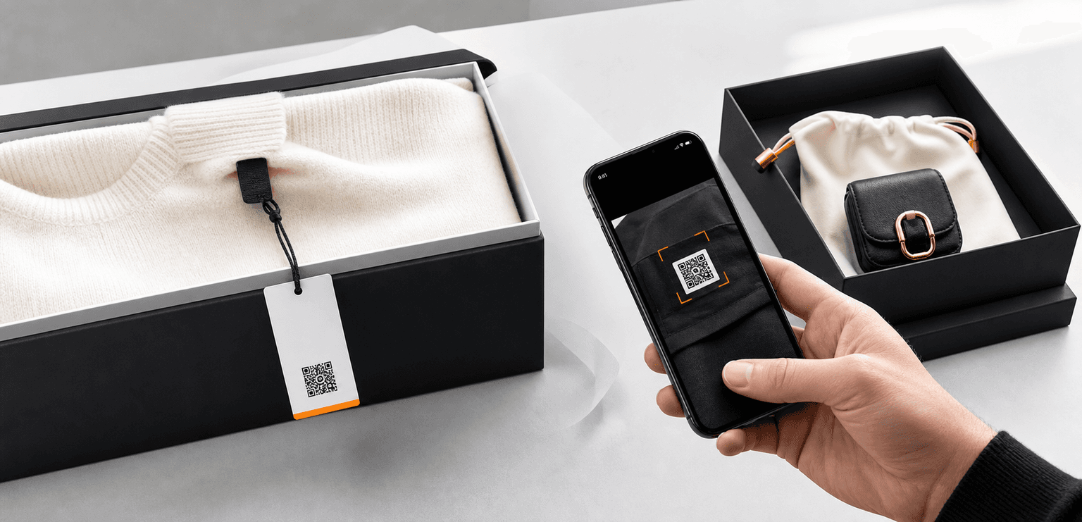 Luxury apparel packaging with a serialized QR label and phone scan