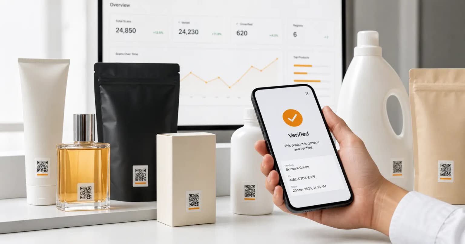 Product packs with serialized QR labels, phone verification, and scan dashboard context